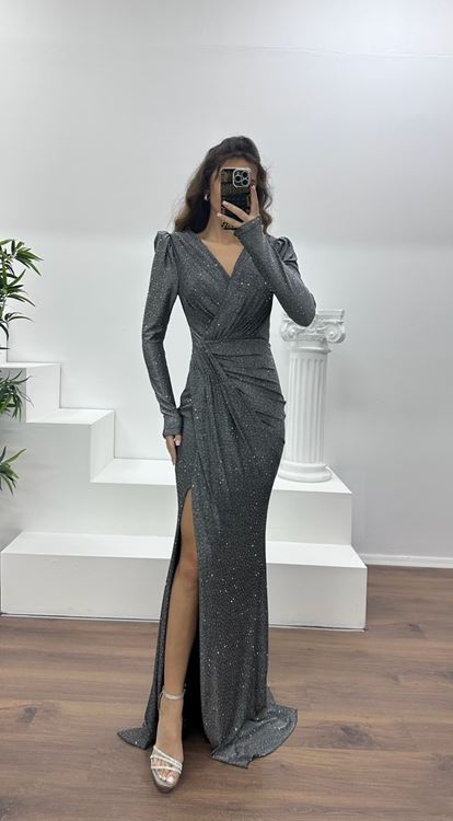 Siyah V Yaka Parıltılı Abiye Elbise