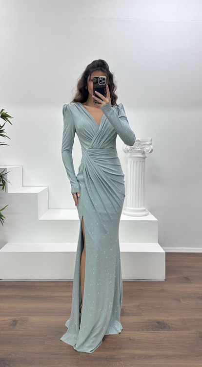 Firuze V Yaka Parıltılı Abiye Elbise