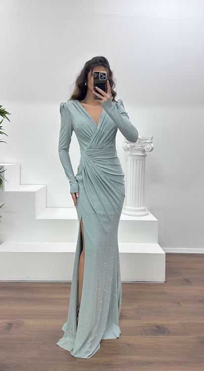 Firuze V Yaka Parıltılı Abiye Elbise