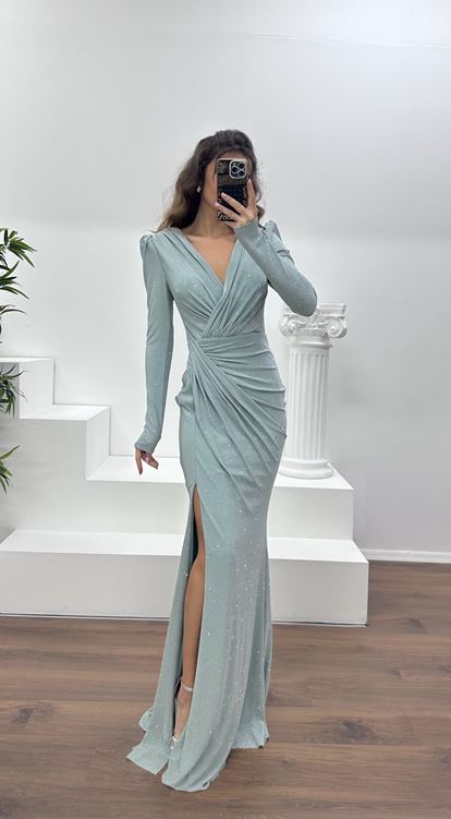 Firuze V Yaka Parıltılı Abiye Elbise