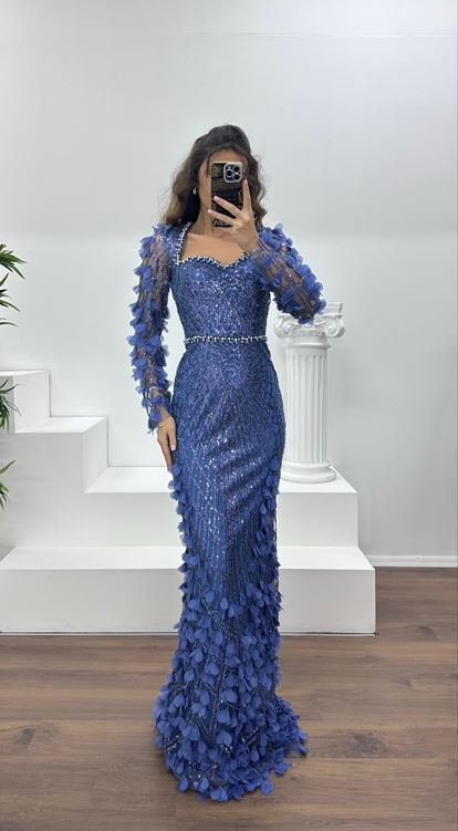 İndigo 3D Çiçek Detaylı Abiye Elbise