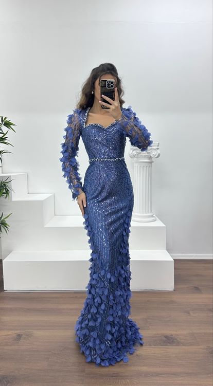 İndigo 3D Çiçek Detaylı Abiye Elbise