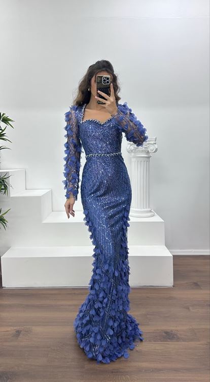 İndigo 3D Çiçek Detaylı Abiye Elbise