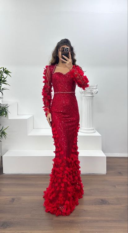 Kırmızı 3D Çiçek Detaylı Abiye Elbise