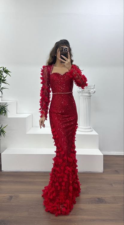 Kırmızı 3D Çiçek Detaylı Abiye Elbise