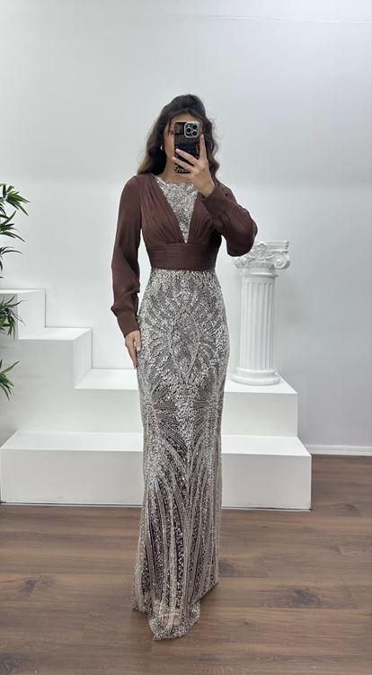 Kahve İnci İşlemeli Abiye Elbise