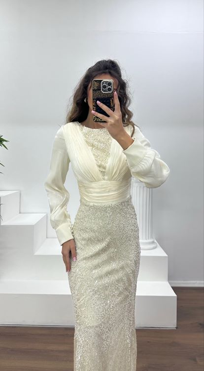 Bej İnci İşlemeli Abiye Elbise