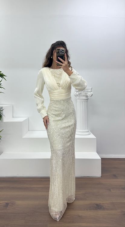 Bej İnci İşlemeli Abiye Elbise