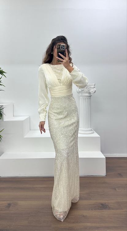 Bej İnci İşlemeli Abiye Elbise