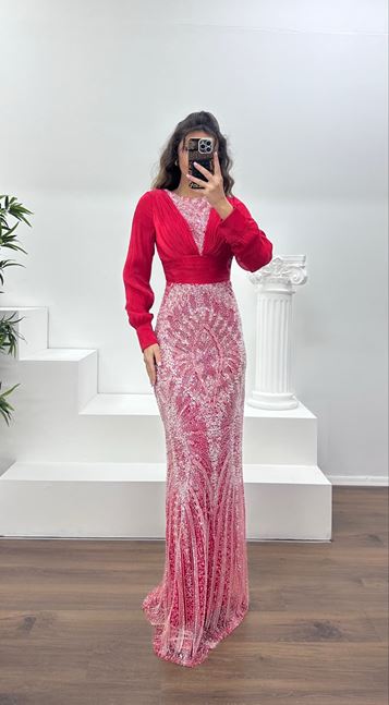 Kırmızı İnci İşlemeli Abiye Elbise