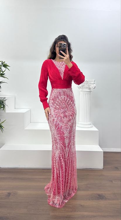 Kırmızı İnci İşlemeli Abiye Elbise