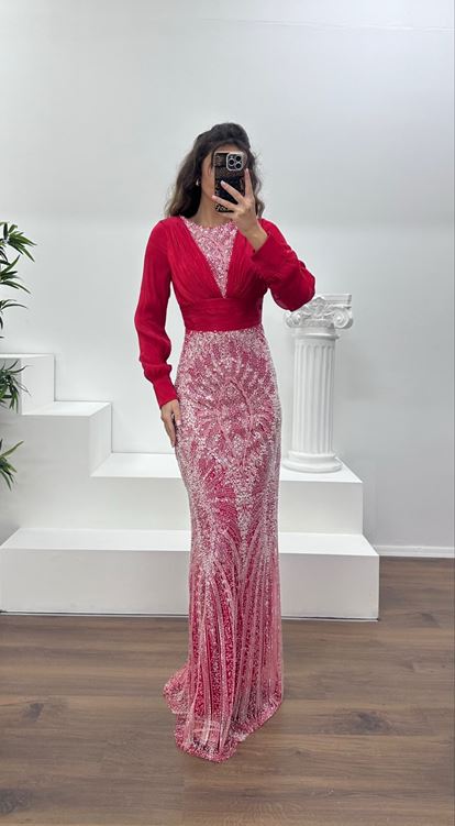 Kırmızı İnci İşlemeli Abiye Elbise