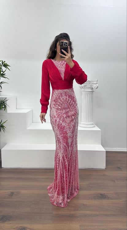 Kırmızı İnci İşlemeli Abiye Elbise