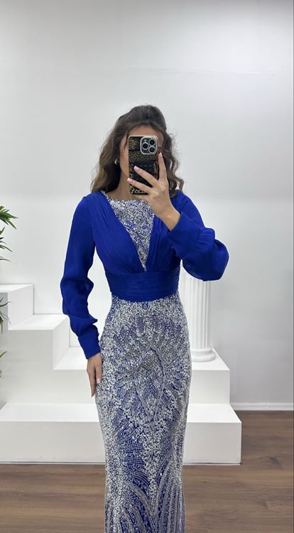 Saks İnci İşlemeli Abiye Elbise