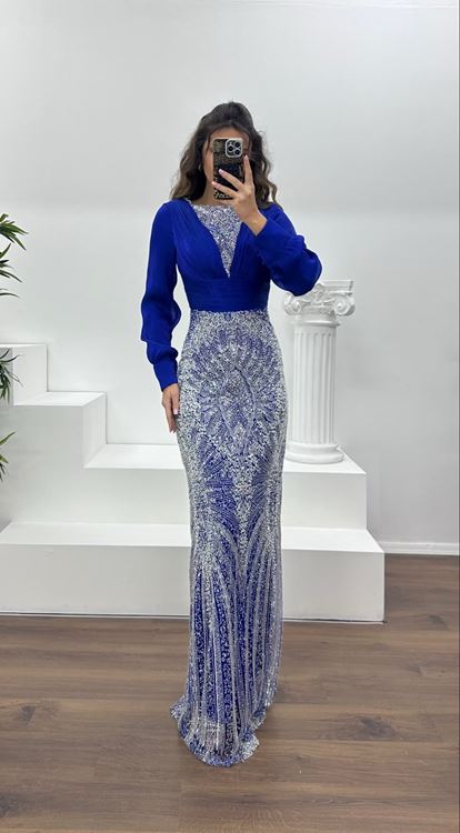 Saks İnci İşlemeli Abiye Elbise