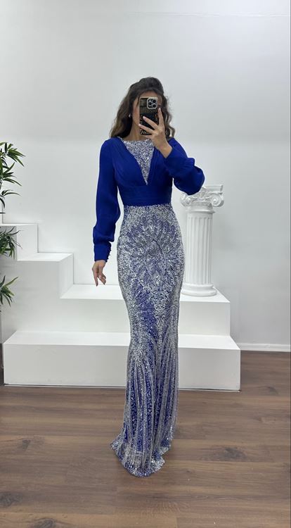 Saks İnci İşlemeli Abiye Elbise