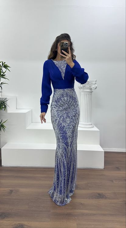 Saks İnci İşlemeli Abiye Elbise