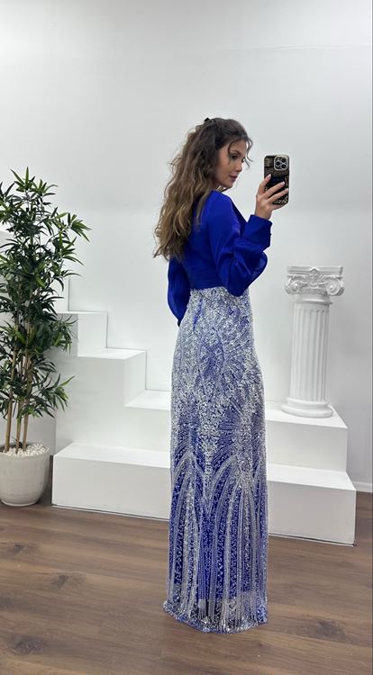 Saks İnci İşlemeli Abiye Elbise