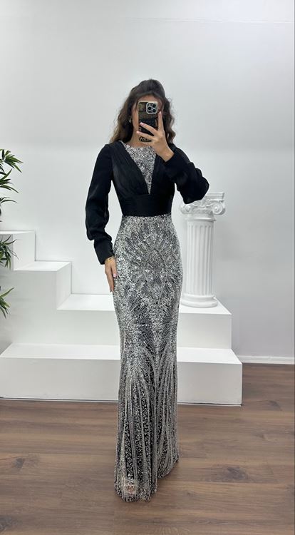 Siyah İnci İşlemeli Abiye Elbise