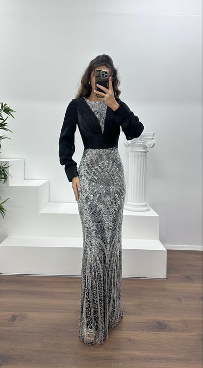 Siyah İnci İşlemeli Abiye Elbise