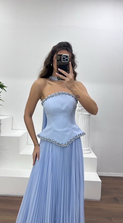 Mavi Straplez Piliseli Abiye Elbise