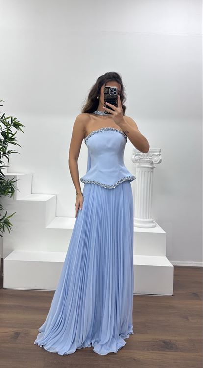 Mavi Straplez Piliseli Abiye Elbise