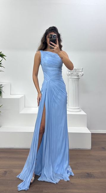 Bebe Mavi Tek Omuz Drape Detay Şifon Abiye Elbise