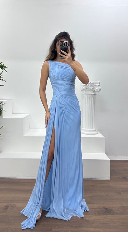 Bebe Mavi Tek Omuz Drape Detay Şifon Abiye Elbise