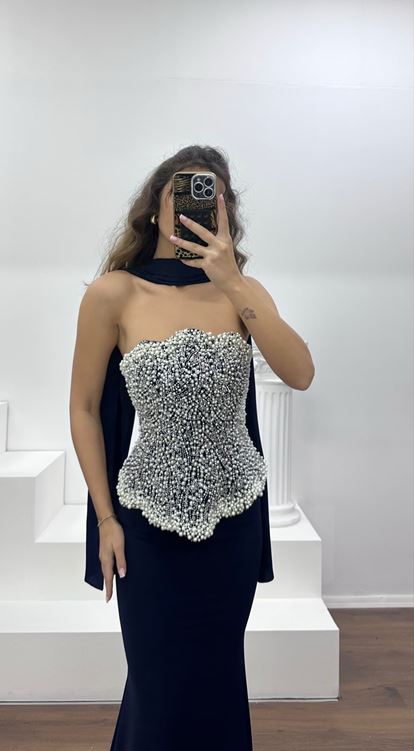 Lacivert Straplez İnci İşlemeli Abiye Elbise