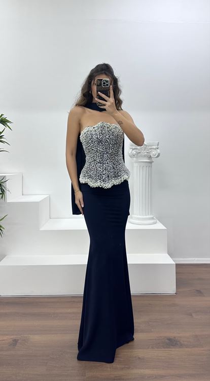 Lacivert Straplez İnci İşlemeli Abiye Elbise