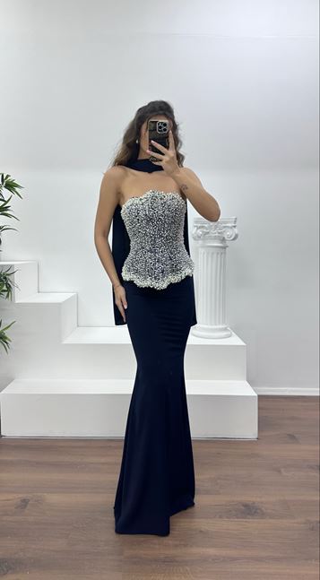 Lacivert Straplez İnci İşlemeli Abiye Elbise