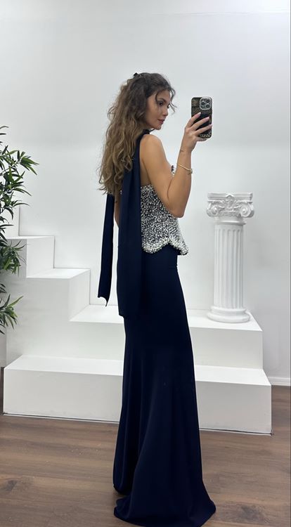 Lacivert Straplez İnci İşlemeli Abiye Elbise