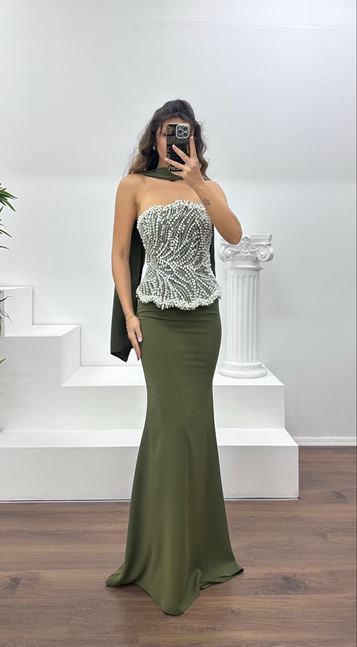 Khaki Strapless Pearl Embroidered Evening Dress