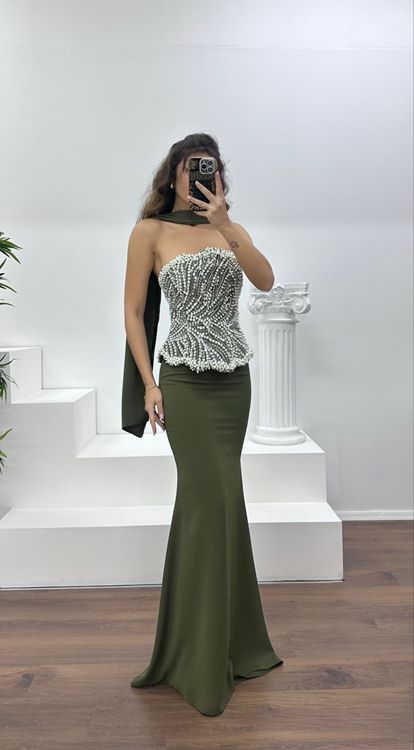 Haki Straplez İnci İşlemeli Abiye Elbise