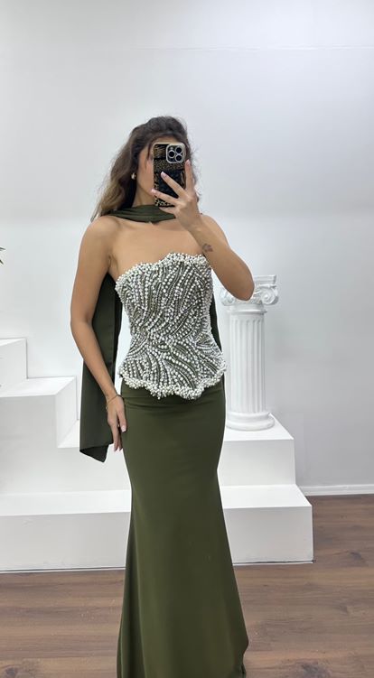 Haki Straplez İnci İşlemeli Abiye Elbise