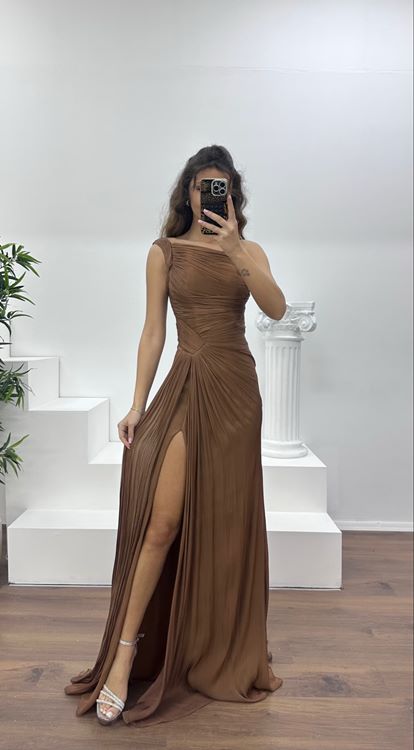 Bakır Tek Omuz Drape Detay Şifon Abiye Elbise