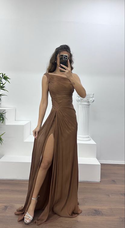 Bakır Tek Omuz Drape Detay Şifon Abiye Elbise