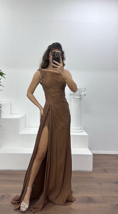Bakır Tek Omuz Drape Detay Şifon Abiye Elbise