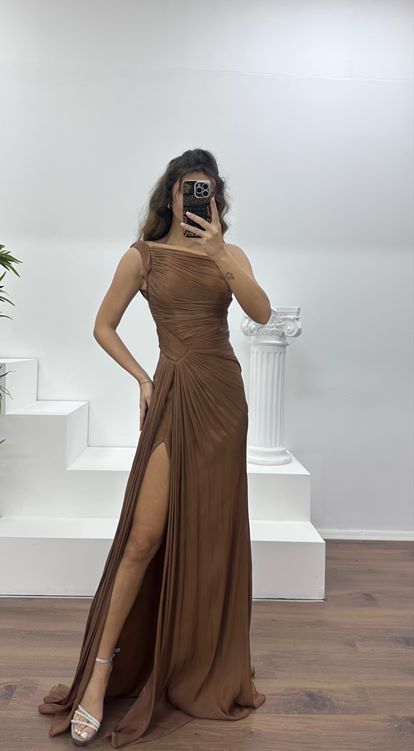 Bakır Tek Omuz Drape Detay Şifon Abiye Elbise