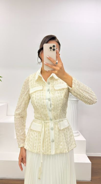 Ekru Düğmeli İşlemeli Ceket-Etek Abiye Takım