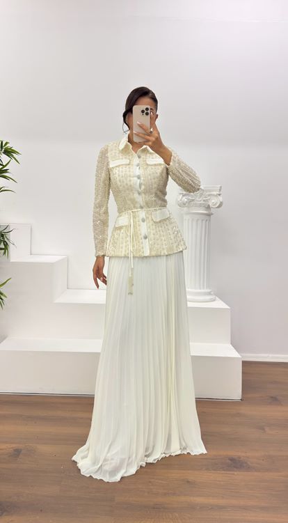 Ekru Düğmeli İşlemeli Ceket-Etek Abiye Takım