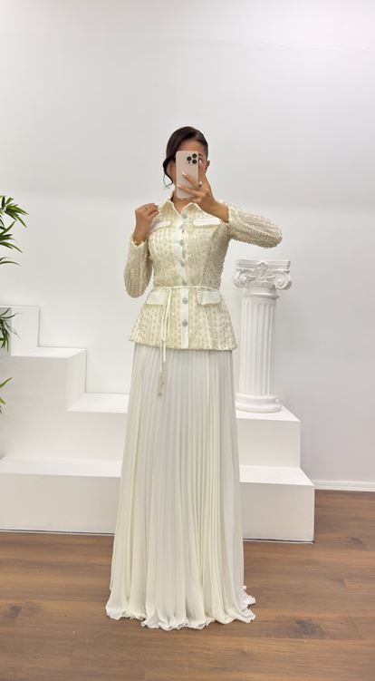 Ekru Düğmeli İşlemeli Ceket-Etek Abiye Takım