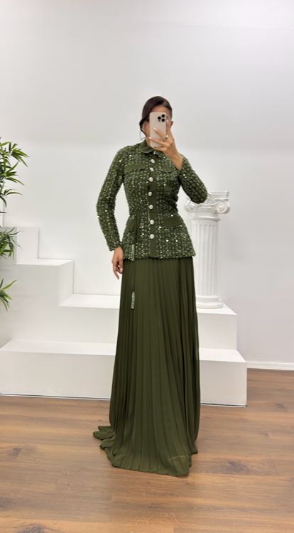 Haki Düğmeli İşlemeli Ceket-Etek Abiye Takım