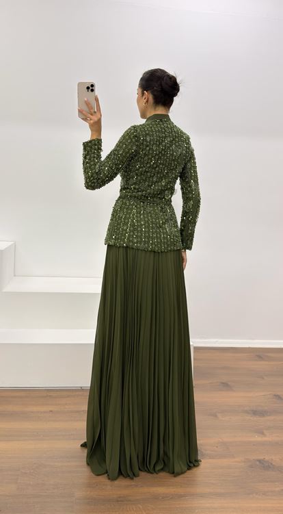 Haki Düğmeli İşlemeli Ceket-Etek Abiye Takım