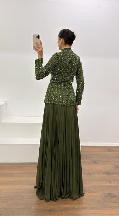 Haki Düğmeli İşlemeli Ceket-Etek Abiye Takım