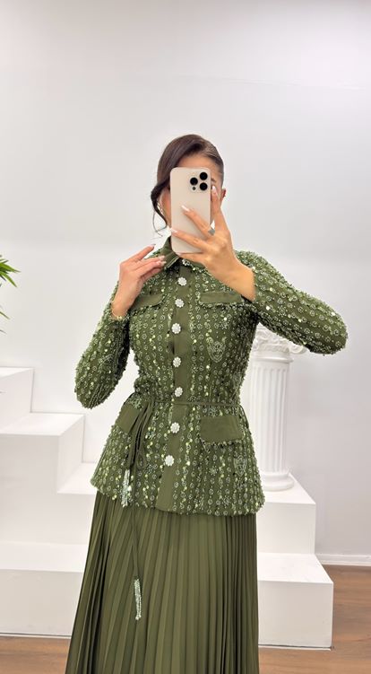 Haki Düğmeli İşlemeli Ceket-Etek Abiye Takım