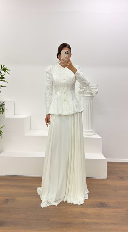 Beyaz Vintage  Uzun Etek-Ceket Abiye Takım