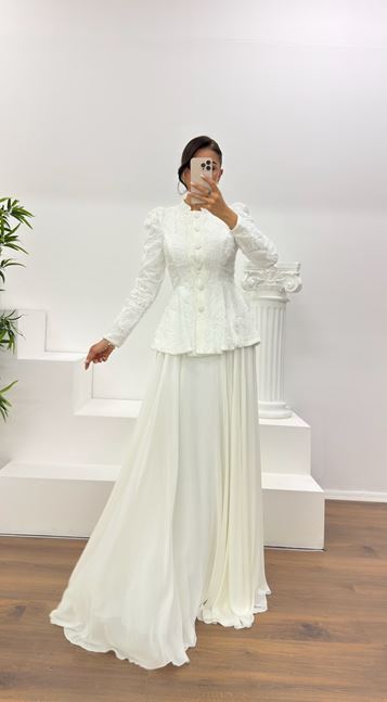 Beyaz Vintage  Uzun Etek-Ceket Abiye Takım