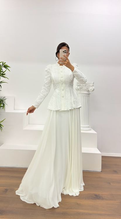 Beyaz Vintage  Uzun Etek-Ceket Abiye Takım