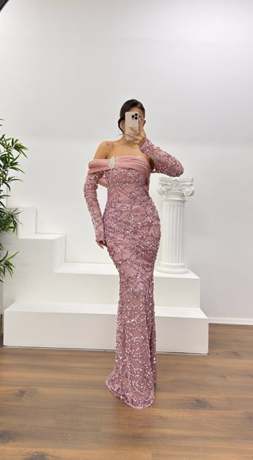 Pudra Straplez İşlemeli Abiye Elbise